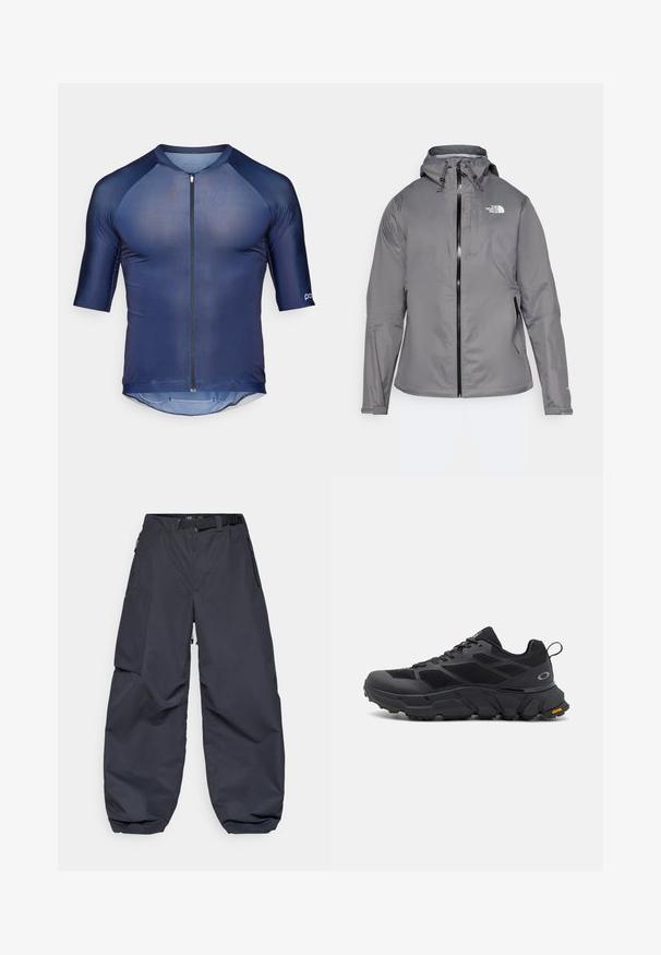 Šedá nepremokavá bunda s kapucňou, predným zipsom, logom na hornej ľavej časti hrudi a elastickými manžetami. Hladká, ľahká látka.; Námornícky cyklistický dres s krátkym rukávom a predným zipsom, vyrobený z ľahkého materiálu. Má raglánové rukávy a zakrivený lem na zadnej strane.; Tmavošedé cargo nohavice vyrobené z mäkkého, odolného materiálu. Majú široký, voľný strih, viacero vreciek a opasok na prispôsobenie.; Čierne atletické topánky s mohutnou podrážkou, vrchnou časťou z textilu a syntetiky, textúrovanými akcentmi a značkou Vibram na podrážke.