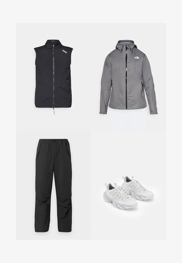 Pilkas vandeniui atsparus paltas su kapišonu, priekiniais užtrauktukais, logotipu kairiajame krūtinės viršuje ir elastinėmis rankovėmis. Lygus, lengvas audinys.; POC PRO THERMAL VEST - Dviratininko marškinėliai - uranium black; Juodos lengvos kelnės su elastiniu juosmeniu, šoninėmis kišenėmis ir laisvu siluetu. Lygus paviršius, be matomų raštų ar akcentų.; Baltos sportinės bateliai su akių medžiaga, pilkiais akcentais, tekstūruotu guminio pado ir pakėlimo juostelėmis ant kulno; turi raištelių užsegimą.