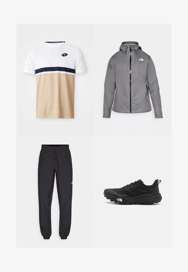 Pilkas vandeniui atsparus paltas su kapišonu, priekiniais užtrauktukais, logotipu kairiajame krūtinės viršuje ir elastinėmis rankovėmis. Lygus, lengvas audinys.; Trumpa rankovėmis sportinė marškinėliai su balta viršutine dalimi, tamsiai mėlynomis ir baltomis horizontalios juostos bei smėlio spalvos apatine dalimi su tekstūruotu paviršiumi.; Juodos sportinės kelnės, pagamintos iš lengvos medžiagos, su raišteliu liemens srityje, šoniniais kišenėmis ir siaurėjantys apykaklės prie kulkšnies.; Juoda bėgimo batai su tekstūruotu paviršiumi, guma padais ir sustiprinta pirštų dalimi. Yra paminkštinta apykaklė ir kilpos, leidžiančios lengvai užsidėti.