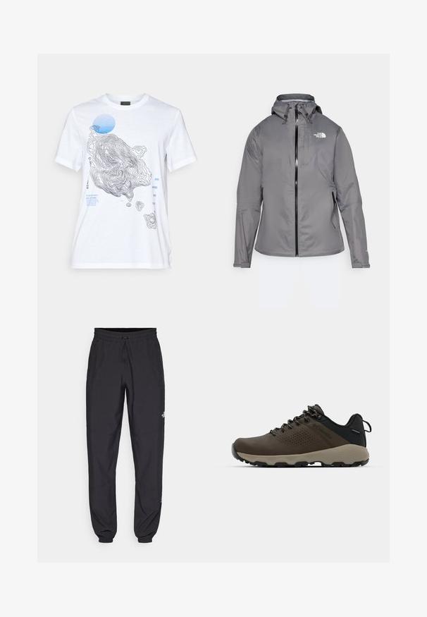Jachetă impermeabilă gri cu glugă, fermoar frontal, logo pe partea stângă sus a pieptului și manșete elastice. Țesătură netedă, ușoară.; Tricou din bumbac alb, cu un design de hartă topografică în negru și albastru, inclusiv elemente de text și un accent rotund albastru. Mâneci scurte.; Pantaloni atletici negri, confecționați dintr-un material ușor, cu un tiv elastic la talie, buzunare laterale și tivuri ajustate la gleznă.; Adidași impermeabili maro, cu un superior texturat, accente perforate, suport pentru călcâie negru și o talpă din cauciuc gri. Șireturile au vârfuri metalice.