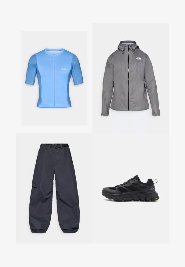 Šedá nepremokavá bunda s kapucňou, predným zipsom, logom na hornej ľavej časti hrudi a elastickými manžetami. Hladká, ľahká látka.; Svetlo modrý cyklistický dres s krátkymi rukávmi, zipom vpredu a priliehavým strihom. Má hladký materiál a jemné logo značky na hrudi.; Tmavošedé cargo nohavice vyrobené z mäkkého, odolného materiálu. Majú široký, voľný strih, viacero vreciek a opasok na prispôsobenie.; Čierne atletické topánky s mohutnou podrážkou, vrchnou časťou z textilu a syntetiky, textúrovanými akcentmi a značkou Vibram na podrážke.