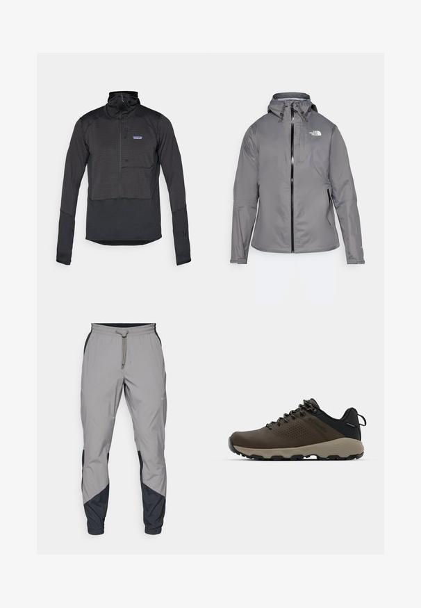 Hallhalli veekindel jakk kapuutsiga, esipöördel lukuga, logo vasakul ülemisel rinnal ja elastsete mansettidega. Sujuv, kerge kangas.; Must mahavärvi, pika varrukaga, pooltõmbluku ning tekstureeritud kangast pullover, millel on rinna tasku. Omab püsti seisevat kraed ja elastseid mansette.; Kergedatud hallid sportlikud püksid mustade aktsentidega. Elastne vöökoht, stringiga sulgemine, kitsenev jala disain ja küljetaskud.; Kohandatud veekindlad pruunid spordijalatsid tekstuuriga pealisega, perforatsioonidega detailid, must kandetoetav osa ja hall kummine sisetald. Paelad on metallist otstega.