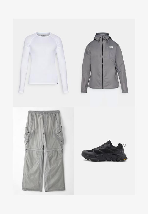 Šedá nepremokavá bunda s kapucňou, predným zipsom, logom na hornej ľavej časti hrudi a elastickými manžetami. Hladká, ľahká látka.; Biela dlhá košeľa s dlhým rukávom vyrobená z hladkej, ľahkej látky. Má okrúhly výstrih a ploché švy. Obsahuje logo GripGrab na golieri.; Svetlosivé, priedušné nohavice z materiálu s elastickým pásom, bočnými vreckami a kontrastným šedým lemovaním pozdĺž švov. Voľný strih.; Čierne atletické topánky s mohutnou podrážkou, vrchnou časťou z textilu a syntetiky, textúrovanými akcentmi a značkou Vibram na podrážke.