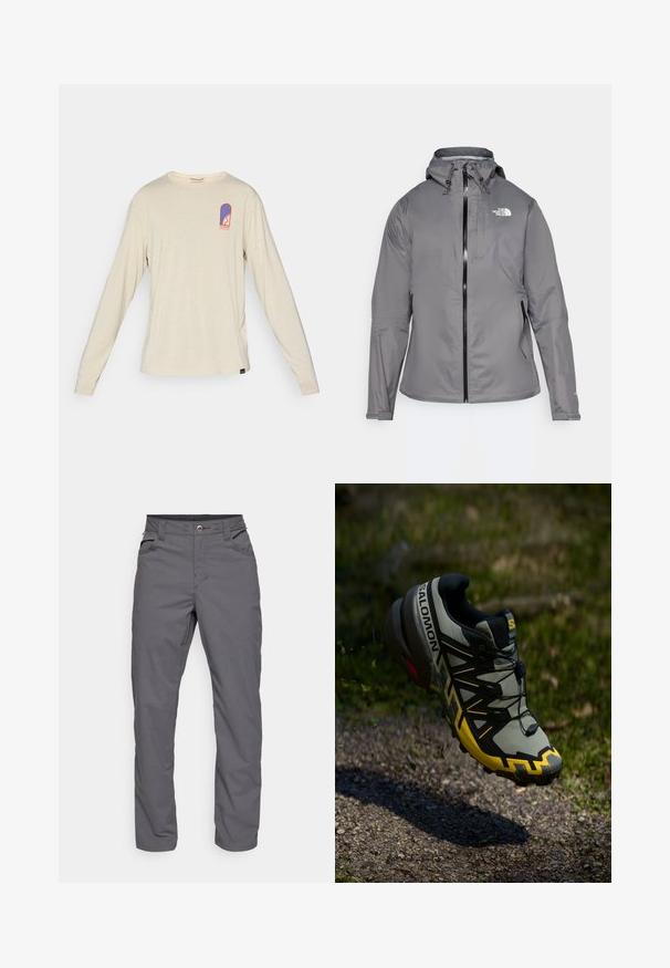 Casaco cinza à prova d'água com capuz, fecho de correr frontal, logótipo no lado esquerdo do peito e punhos elásticos. Tecido suave e leve.; Camisa bege de manga longa da Patagonia com um pequeno logótipo azul e vermelho no lado superior esquerdo do peito, apresentando um design estilizado e texto.; Calças cinzas de perna reta feitas de tecido leve. Apresentam dois bolsos frontais e um fecho com zipper e botão. Textura suave.; Sapatilha de trail running Salomon em cinza suave com detalhes em amarelo brilhante. Apresenta uma sola texturizada, sistema de atilho seguro e um colar acolchoado.