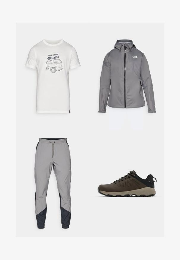 Pilkas vandeniui atsparus paltas su kapišonu, priekiniais užtrauktukais, logotipu kairiajame krūtinės viršuje ir elastinėmis rankovėmis. Lygus, lengvas audinys.; Balta medvilnė marškinėliai su mėlynu kontūro piešiniu, vaizduojančiu senovinį furgoną, ir užrašu "Rock & Road Warrior" virš dizaino. Trumpomis rankovėmis, apvaliu kaklu.; Lengvas, pilkos sportinės kelnės su juodais akcentais. Elastingas juosmuo, raišteliu užsegimas, siaurėjantis kojų dizainas ir šoninės kišenės.; Rudi nepralaidūs sportbačiai su tekstūruota viršutine dalimi, perforuotomis detalėmis, juodu kulno palaikymu ir pilku guminio padu. Šniūreliai yra dekoruoti metaliniais galais.