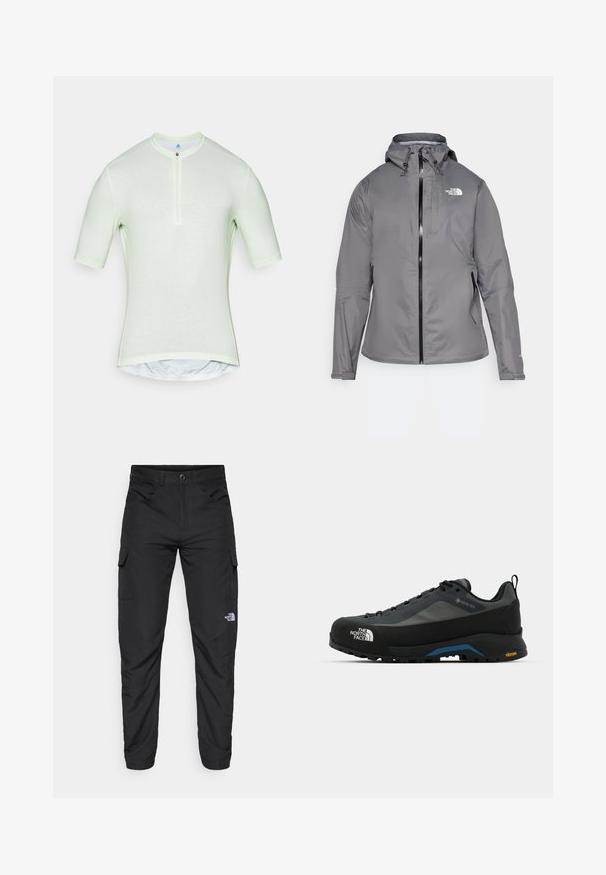 Gray waterproof jacket with a hood, front zipper, logo on the upper left chest, and elastic cuffs. Smooth, lightweight fabric.; Light green short-sleeve shirt with a high collar, half-zip closure, and a fitted design. Features smooth fabric with slight texture.; The North Face HORIZON PANT - Outdoor trousers - black; The North Face VERTO ALPINE GORE TEX - Hiking shoes - asphalt grey/tnf black