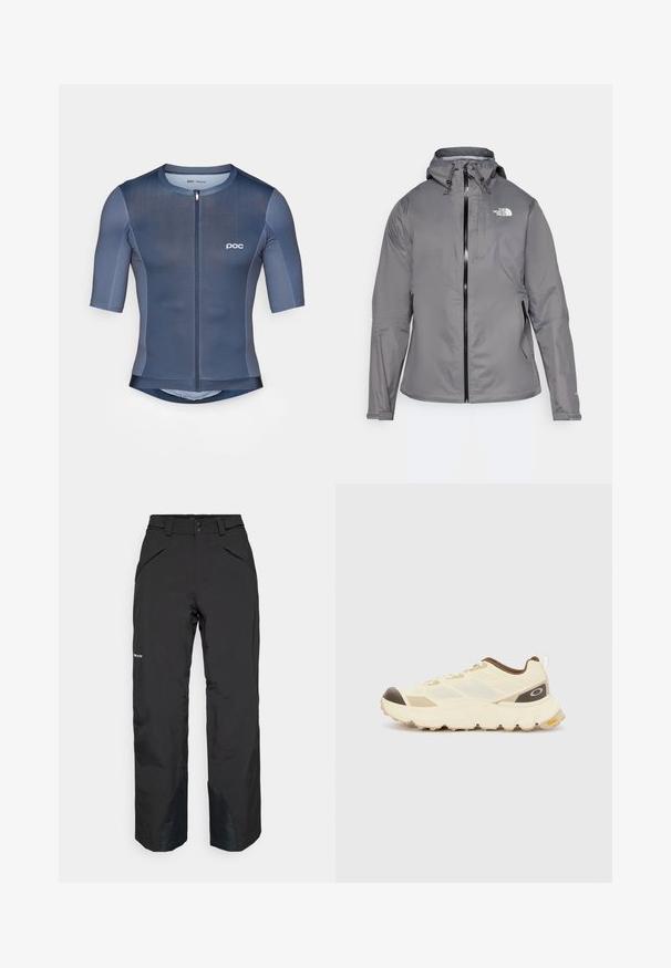 Giacca impermeabile grigia con cappuccio, zip frontale, logo sul lato sinistro del petto e polsini elasticizzati. Tessuto liscio e leggero.; Maglia da ciclismo a maniche corte di colore blu scuro, realizzata in tessuto testurizzato con zip frontale e logo POC sul petto.; Pantaloni impermeabili neri con taglio dritto, dotati di tasche con zip, accenti di orlo rinforzati e una finitura liscia.; Scarpa atletica beige chiaro con tomaia testurizzata, accenti marroni e suola spessa e robusta. Presenta pannelli in mesh e una linguetta sul retro.