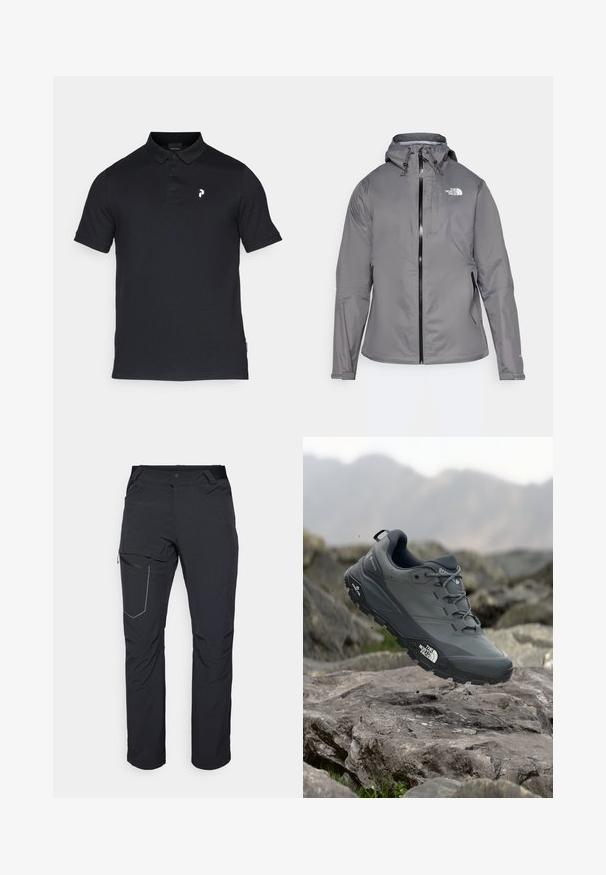 Šedá nepromokavá bunda s kapucí, předním zipem, logem na levé horní části hrudníku a elastickými manžetami. Hladká, lehká tkanina.; Černé polo tričko vyrobené z bavlny, s límečkem, třemi knoflíky a malým bílým logem na levém prsu. Krátké rukávy, klasický střih.; Černé venkovní kalhoty s kapsou na stehně se zipem, elastickým pasem a hladkým, voděodolným materiálem. Čistý design bez viditelných log.; Šedá trailová běžecká bota s texturovaným svrškem, odolnou gumovou podrážkou a vyztuženou špičkou. Obsahuje tkaničky a logo značky na straně.