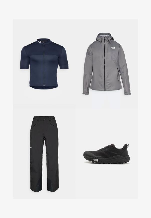 Grå vandtæt jakke med hætte, frontlynlås, logo på den øverste venstre bryst og elastiske manchetter. Glat, letvægtsstof.; Marineblå cykeltrøje med korte ærmer, der har en frontlynlås, tekstureret stof og en høj krave med et lille logo ved halsen.; Sorte vandtætte bukser med lige snit, der har lynlåslommer, forstærkede nederste kanter og en glat tekstureret overflade.; Sort trail løbesko med en struktureret overdel, gummisål og forstærket tåhætte. Har en polstret krave og en pull-tab til nem påtagning.
