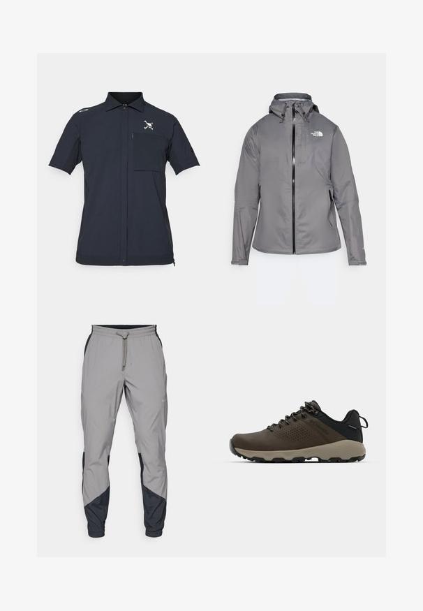 Gray waterproof jacket with a hood, front zipper, logo on the upper left chest, and elastic cuffs. Smooth, lightweight fabric.; Short-sleeve shirt in dark navy fabric, featuring a front pocket with zipper, button placket, and embroidered logo on the chest.; Lightweight, gray athletic pants with black accents. Elastic waistband, drawstring closure, tapered leg design, and side pockets.; Brown waterproof sneakers with a textured upper, perforated accents, black heel support, and a grey rubber sole. Laces are styled with metallic ends.