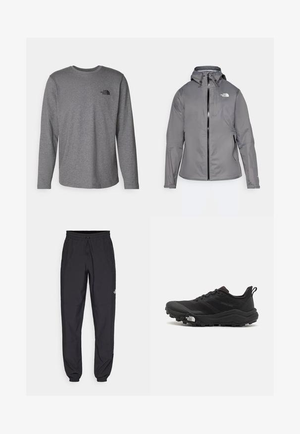Szürke vízálló kabát kapucnival, elülső cipzárral, logóval a bal felső mellen és elasztikus mandzsettákkal. Simább, könnyű anyag.; The North Face M L/S SIMPLE DOME TEE - Hosszú ujjú felső - medium grey heather; Fekete sportnadrág, könnyű anyagból készült, húzózsinóros derékkal, oldalsó zsebekkel és szűkített szárakkal a bokáknál.; Fekete terepfutó cipő, textúrált felső résszel, gumitalppal és megerősített lábujjrészével. Párnázott bokarésszel és húzófüllel rendelkezik a könnyű felhúzáshoz.