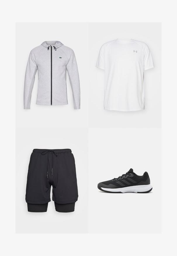 Pilkas džemperis su užtrauktuku, turintis juodą užtrauktuką ir raištelį. Tekstūruoti šoniniai skydeliai ir žalias logotipas krūtinėje užbaigia dizainą.; Balta trumpa rankovėmis sportinė marškinėliai, pagaminti iš lygaus audinio. Yra apvalus kaklas ir pilkas logotipas kairėje krūtinės pusėje, o apatinėje dalyje yra šoninės plyšiai.; ICANIWILL STRIDE - Šortai „du viename“ - black; Juodas sportinis batelis su tekstūruota viršutine dalimi, trimis horizontaliomis juostelėmis ir baltu padu su raštuotu protektoriumi. Lengvas ir aerodinamiškas dizainas.