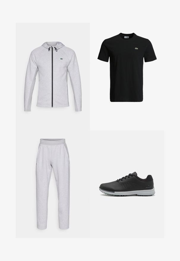 Grå hættetrøje med lynlås, der har en sort lynlås og snore. Teksturerede sidedele og et grønt logo på brystet fuldender designet.; Sort bomulds T-shirt med rund halsudskæring, korte ærmer og et lille grønt krokodille-logo på venstre bryst. Glat tekstur, afslappet design.; Lys grå sweatpants lavet af blød stof, med en elastisk talje, to sidelommer og tætsiddende ben med en manchet i bunden.; Sorte syntetiske golfsko med en struktureret overdel, snørebåndsdesign og en grå ydersål med pigge for godt greb.
