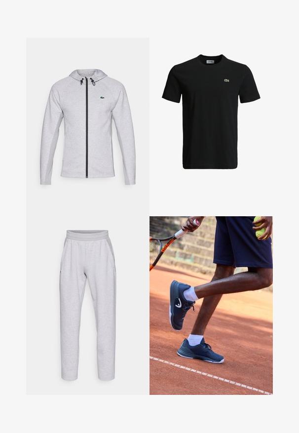 Pilkas džemperis su užtrauktuku, turintis juodą užtrauktuką ir raištelį. Tekstūruoti šoniniai skydeliai ir žalias logotipas krūtinėje užbaigia dizainą.; Juodas medvilninis marškinėliai su apvaliu kaklu, trumpomis rankovėmis ir mažu žaliu krokodilo logotipu kairėje krūtinės pusėje. Lygi tekstūra, kasdieniškas dizainas.; Šviesiai pilkos sportinės kelnės, pagamintos iš minkštos medžiagos, turi elastingą liemenį, dvi šonines kišenes ir siaurėjančius kojų kraštus su apvadu.; Jūro mėlynos teniso batai su baltais akcentais, turintys tekstūruotą paviršių ir atraminį dizainą, derinami su baltais kojiniais ir juodomis šortais ant molio korto.