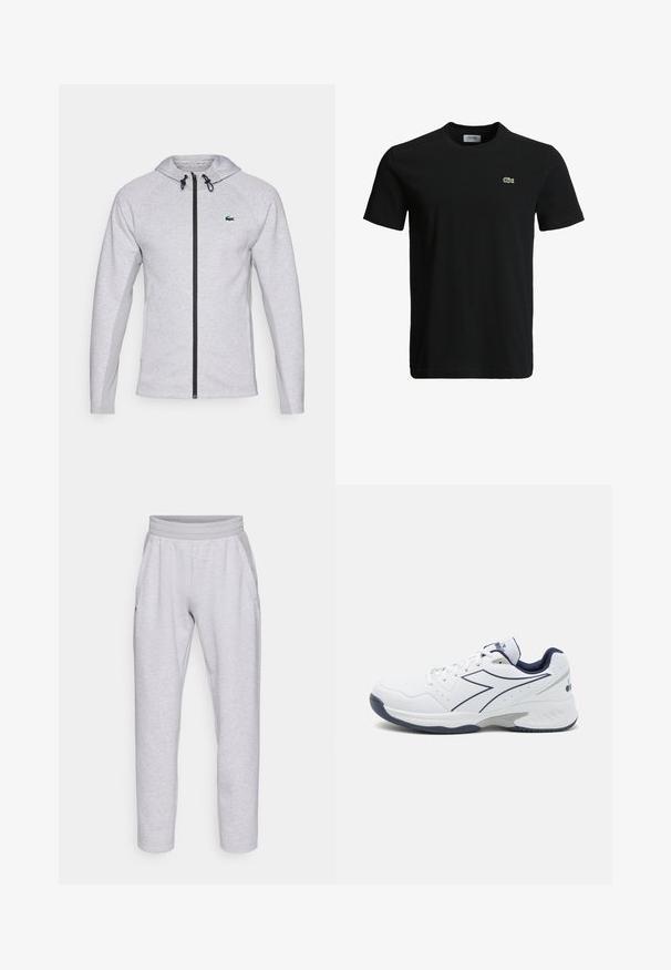 Pilkas džemperis su užtrauktuku, turintis juodą užtrauktuką ir raištelį. Tekstūruoti šoniniai skydeliai ir žalias logotipas krūtinėje užbaigia dizainą.; Juodas medvilninis marškinėliai su apvaliu kaklu, trumpomis rankovėmis ir mažu žaliu krokodilo logotipu kairėje krūtinės pusėje. Lygi tekstūra, kasdieniškas dizainas.; Šviesiai pilkos sportinės kelnės, pagamintos iš minkštos medžiagos, turi elastingą liemenį, dvi šonines kišenes ir siaurėjančius kojų kraštus su apvadu.; Baltos sportinės bateliai su tamsiai mėlynais akcentais, tinklinėmis detalėmis ir tekstūruotu padu. Su raištelių dizainu ir ryškiu šoniniu logotipo elementu.