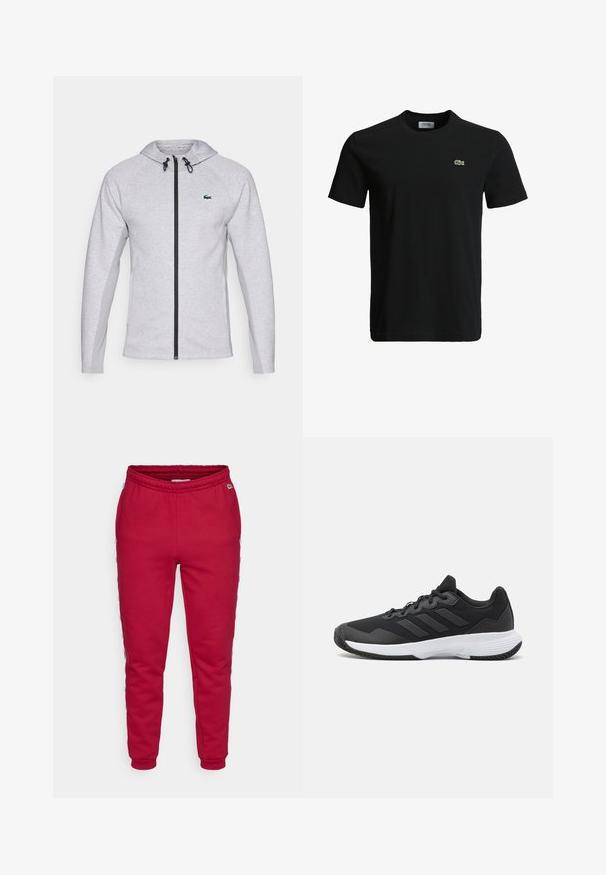 Grijze hoodie met een rits, voorzien van een zwarte rits en trekkoord. Getextureerde zijpanelen en een groen logo op de borst maken het ontwerp compleet.; Zwart katoenen t-shirt met een ronde hals, korte mouwen en een klein groen krokodillenlogo op de linkerborst. Vloeiende textuur, casual ontwerp.; Rode sweatpants van zachte stof, met een elastische tailleband en taps toelopende boorden. Zijkanten hebben strepen met tekst in contrasterende kleuren.; Zwarte sportieve schoen met een gestructureerde bovenkant, drie horizontale strepen en een witte zool met een gepatternde loopvlak. Lichtgewicht en gestroomlijnd ontwerp.