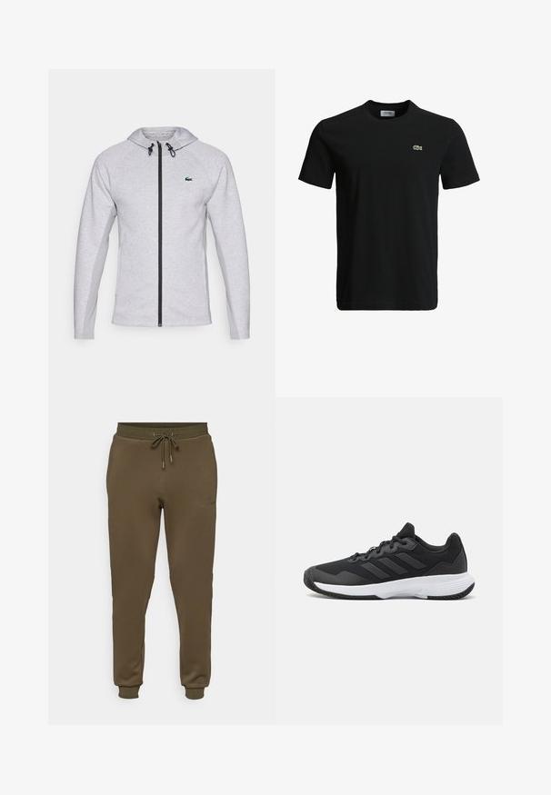 Pilkas džemperis su užtrauktuku, turintis juodą užtrauktuką ir raištelį. Tekstūruoti šoniniai skydeliai ir žalias logotipas krūtinėje užbaigia dizainą.; Juodas medvilninis marškinėliai su apvaliu kaklu, trumpomis rankovėmis ir mažu žaliu krokodilo logotipu kairėje krūtinės pusėje. Lygi tekstūra, kasdieniškas dizainas.; Olivinės spalvos džinsinės kelnės, pagamintos iš minkštos, lygaus audinio, su elastinga juosta ir raišteliu, bei prigludusiais rankogaliais ties kulkšnīm.; Juodas sportinis batelis su tekstūruota viršutine dalimi, trimis horizontaliomis juostelėmis ir baltu padu su raštuotu protektoriumi. Lengvas ir aerodinamiškas dizainas.