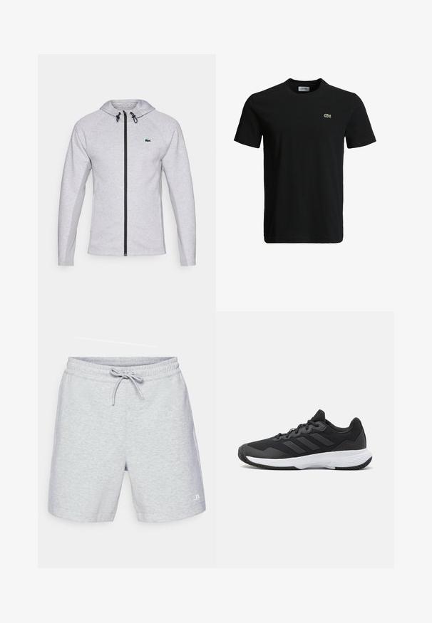 Moletom cinza com fecho, apresentando um zíper preto e cordão. Painéis laterais texturizados e um logótipo verde no peito completam o design.; T-shirt de algodão preto com decote redondo, mangas curtas e um pequeno logotipo de crocodilo verde no lado esquerdo do peito. Textura suave, design casual.; Bermudas cinza claro feitas de um tecido macio, com um cós elástico e cordão, bolsos laterais e um pequeno logo na bainha.; Sapatilha atlética preta com um upper texturizado, três riscas horizontais e uma sola branca com um padrão de piso. Design leve e aerodinâmico.