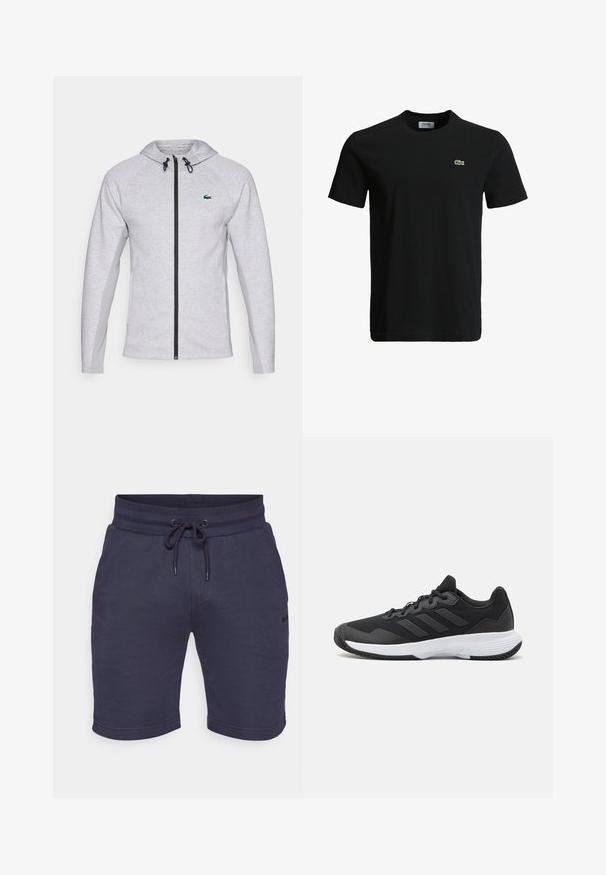 Moletom cinza com fecho, apresentando um zíper preto e cordão. Painéis laterais texturizados e um logótipo verde no peito completam o design.; T-shirt de algodão preto com decote redondo, mangas curtas e um pequeno logotipo de crocodilo verde no lado esquerdo do peito. Textura suave, design casual.; Calções azul-marinho feitos de tecido suave, com uma cintura elástica com cordão, bolsos laterais e um discreto detalhe de logotipo na perna.; Sapatilha atlética preta com um upper texturizado, três riscas horizontais e uma sola branca com um padrão de piso. Design leve e aerodinâmico.