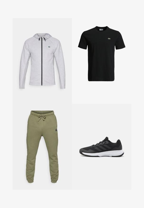 Szürke kapucnis pulóver cipzárral, fekete cipzárral és húzózsinórral. A texturált oldalsó panelek és a zöld logó a mellkason teszik teljessé a dizájnt.; Fekete pamut póló kerek nyakkivágással, rövid ujjakkal és egy kis zöld krokodil logóval a bal mellen. Sima textúra, laza dizájn.; Olíva zöld sportnadrág puha anyagból, elastikus derékrésszel és húzózsinórral, valamint tapered (szűkülő) lábbal. Kis márkajelzés az oldalon.; Fekete sportcipő, amely texturált felsőrésszel, három vízszintes csíkkal és mintázott talppal ellátott fehér talppal rendelkezik. Könnyű és áramvonalas dizájn.