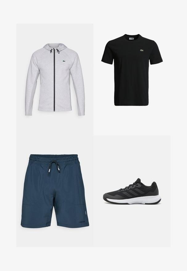 Sudadera gris con cremallera, que presenta una cremallera y cordón negros. Paneles laterales texturizados y un logo verde en el pecho completan el diseño.; Camiseta de algodón negra con cuello redondo, mangas cortas y un pequeño logo de cocodrilo verde en el lado izquierdo del pecho. Textura suave, diseño casual.; Bañadores azul marino hechos de tejido ligero con cintura elástica, cierre con cordón y bolsillos laterales. Logo de la marca visible.; Zapatilla deportiva negra con una parte superior texturizada, tres franjas horizontales y una suela blanca con un dibujo en su superficie. Diseño ligero y aerodinámico.