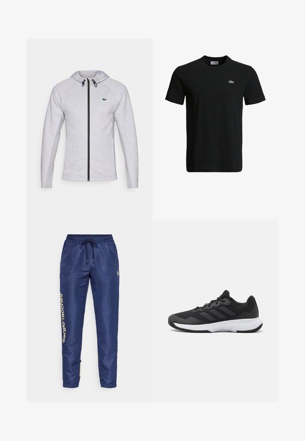 Grijze hoodie met een rits, voorzien van een zwarte rits en trekkoord. Getextureerde zijpanelen en een groen logo op de borst maken het ontwerp compleet.; Zwart katoenen t-shirt met een ronde hals, korte mouwen en een klein groen krokodillenlogo op de linkerborst. Vloeiende textuur, casual ontwerp.; Navyblauwe trainingsbroeken met een drawstring tailleband, elastische manchetten en gouden branding aan de linkerkant. Gemaakt van gladde, lichtgewicht stof.; Zwarte sportieve schoen met een gestructureerde bovenkant, drie horizontale strepen en een witte zool met een gepatternde loopvlak. Lichtgewicht en gestroomlijnd ontwerp.