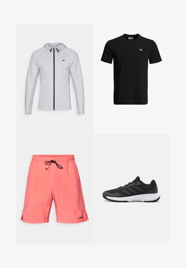 Moletom cinza com fecho, apresentando um zíper preto e cordão. Painéis laterais texturizados e um logótipo verde no peito completam o design.; T-shirt de algodão preto com decote redondo, mangas curtas e um pequeno logotipo de crocodilo verde no lado esquerdo do peito. Textura suave, design casual.; Calções de banho corais feitos de um tecido leve, com um cós elástico e cordão preto exterior, apresentando fendas laterais e detalhe de logótipo.; Sapatilha atlética preta com um upper texturizado, três riscas horizontais e uma sola branca com um padrão de piso. Design leve e aerodinâmico.