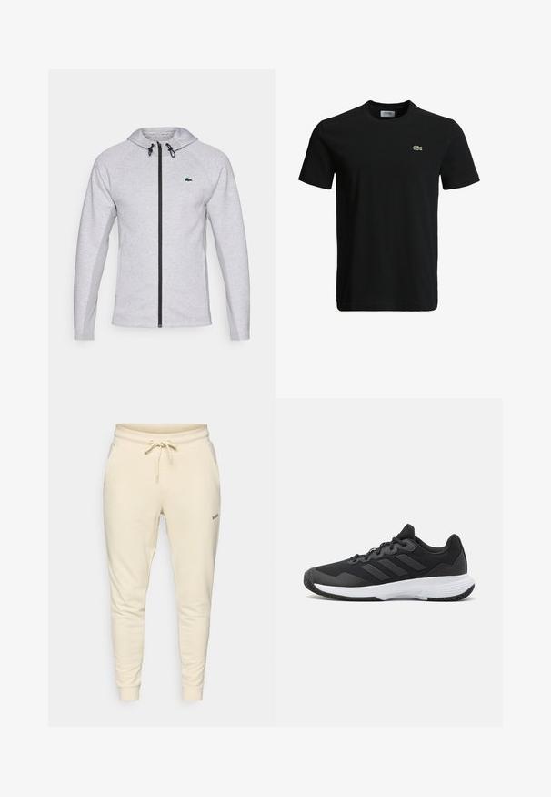 Sudadera gris con cremallera, que presenta una cremallera y cordón negros. Paneles laterales texturizados y un logo verde en el pecho completan el diseño.; Camiseta de algodón negra con cuello redondo, mangas cortas y un pequeño logo de cocodrilo verde en el lado izquierdo del pecho. Textura suave, diseño casual.; Pantalones de chándal color crema, hechos de una tela suave, con cinturilla elástica y cordón ajustable, bolsillos laterales y puños acanalados.; Zapatilla deportiva negra con una parte superior texturizada, tres franjas horizontales y una suela blanca con un dibujo en su superficie. Diseño ligero y aerodinámico.