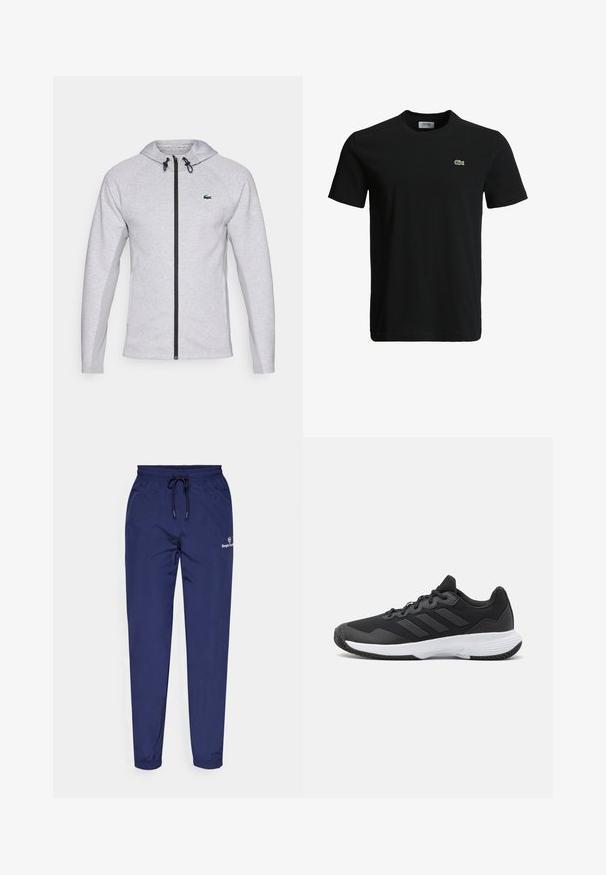 Šedá mikina s kapucí a zipem, vybavená černým zipem a šňůrkou. Texturované boční panely a zelené logo na hrudi dotvářejí design.; Černé bavlněné tričko s kulatým výstřihem, krátkými rukávy a malým zeleným krokodýlem na levé hrudi. Hladká textura, neformální design.; Tmavě modré sportovní kalhoty vyrobené z lehkého materiálu. Mají elastický pas s šňůrkou a malé logo na stehně.; Černá sportovní obuv s texturovaným svrškem, třemi vodorovnými pruhy a bílou podrážkou s vzorovaným profilem. Lehký a aerodynamický design.