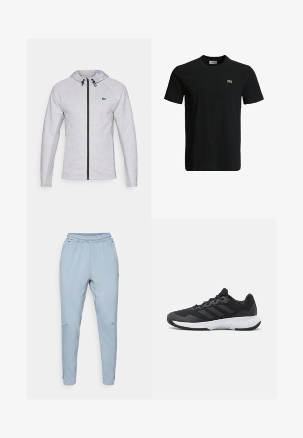 Šedá mikina s kapucňou a zipsom, vybavená čiernym zipsom a šnúrkou na stiahnutie. Textúrované bočné panely a zelené logo na hrudi dotvárajú dizajn.; Čierne bavlnené tričko s okrúhlym výstrihom, krátkymi rukávmi a malým zeleným logo krokodíla na ľavej hrudi. Hladká textúra, ležérny dizajn.; Svetlomodré jogger nohavice s elastickým pásom, bočnými vreckami a zúženými nohavicami. Vyrobené z mäkkého, ľahkého materiálu.; Čierna atletická topánka s textúrovaným zvrškom, s tromi horizontálnymi pruhmi a bielou podrážkou s vzorovaným profilom. Ľahký a aerodynamický dizajn.