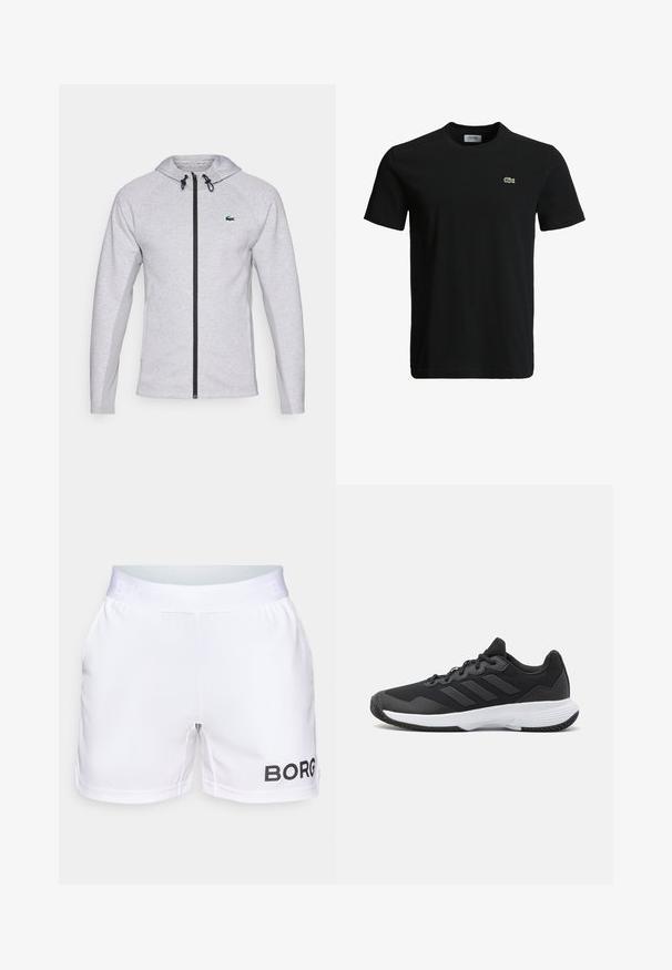 Szara bluza z kapturem na zamek, z czarnym zamkiem i sznurkiem do regulacji. Teksturowane boczne panele oraz zielone logo na piersi dopełniają design.; Czarny bawełniany t-shirt z okrągłym dekoltem, krótkimi rękawami i małym zielonym logo krokodyla po lewej stronie klatki piersiowej. Gładka tekstura, casualowy design.; Białe spodenki sportowe o gładkiej fakturze, z szerokim elastycznym paskiem w talii i czarnym logo po prawej stronie na dole.; Czarne buty sportowe z teksturowaną cholewką, trzema poziomymi paskami i białą podeszwą z wzorzystym bieżnikiem. Lekka i aerodynamiczna konstrukcja.