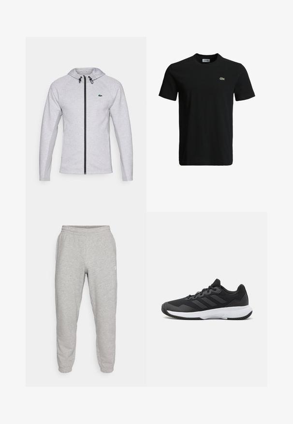 Grijze hoodie met een rits, voorzien van een zwarte rits en trekkoord. Getextureerde zijpanelen en een groen logo op de borst maken het ontwerp compleet.; Zwart katoenen t-shirt met een ronde hals, korte mouwen en een klein groen krokodillenlogo op de linkerborst. Vloeiende textuur, casual ontwerp.; Grijze joggingbroek met een getailleerde pasvorm, elastische tailleband en boorden. Zacht stof met een subtiele textuur. Beschikt over een klein wit logo aan de zijkant.; Zwarte sportieve schoen met een gestructureerde bovenkant, drie horizontale strepen en een witte zool met een gepatternde loopvlak. Lichtgewicht en gestroomlijnd ontwerp.