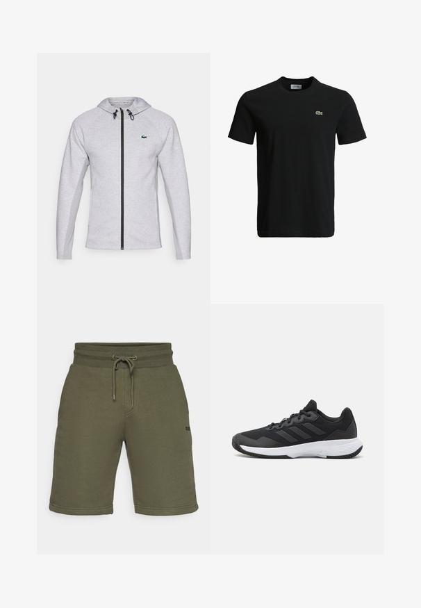 Huppari harmaata väriä, jossa on vetoketju, musta vetoketju ja nyöri. Rakennepuolella on teksturoitu paneeli ja rintataskussa vihreä logo viimeistelee muotoilun.; Musta puuvillapaita, jossa on pyöreä kaula-aukko, lyhyet hihat ja pieni vihreä krokotiililogo vasemmassa rinnassa. Sileä kuitu, rento muotoilu.; Oliivinvihreät collegehousut, joissa on joustava vyötärö, säädettävä nauha, sivutaskut ja pieni logo yksityiskohta helmassa.; Musta urheilukenkä, jossa on teksturoidut päälliset, kolme vaakasuoraa raitaa ja valkoinen pohja, jossa on kuvioitu kulutuspinta. Kevyt ja virtaviivainen muotoilu.