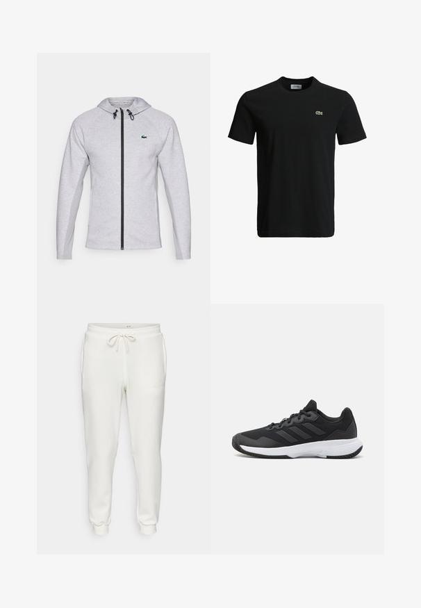 Šedá mikina s kapucňou a zipsom, vybavená čiernym zipsom a šnúrkou na stiahnutie. Textúrované bočné panely a zelené logo na hrudi dotvárajú dizajn.; Čierne bavlnené tričko s okrúhlym výstrihom, krátkymi rukávmi a malým zeleným logo krokodíla na ľavej hrudi. Hladká textúra, ležérny dizajn.; Biele tepláky vyrobené z mäkkého materiálu, s elastickým pásom na šnúrku, bočnými vreckami a rebrovanými manžetami na členkoch.; Čierna atletická topánka s textúrovaným zvrškom, s tromi horizontálnymi pruhmi a bielou podrážkou s vzorovaným profilom. Ľahký a aerodynamický dizajn.
