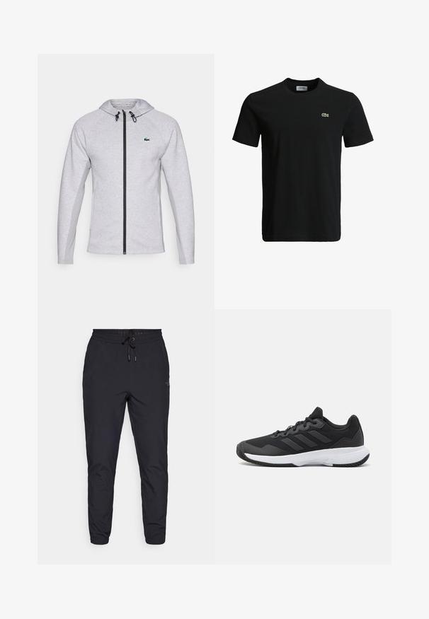 Grå huvtröja med dragkedja, med svart dragkedja och snodd. Texturerade sidopaneler och en grön logotyp på bröstet fulländar designen.; Svart bomull t-shirt med rundad halsringning, korta ärmar och en liten grön krokodil-logotyp på vänster bröst. Slät textur, avslappnad design.; Svart joggebukse i lett materiale, med snøring i midjen, smalnende ben og en liten logo-detalj på siden.; Svart idrottssko med en texturerad ovandel, tre horisontella ränder och en vit sula med ett mönstrat grepp. Lätt och strömlinjeformad design.