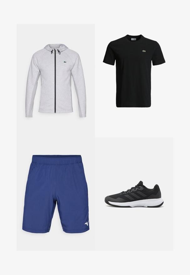 Sudadera gris con cremallera, que presenta una cremallera y cordón negros. Paneles laterales texturizados y un logo verde en el pecho completan el diseño.; Camiseta de algodón negra con cuello redondo, mangas cortas y un pequeño logo de cocodrilo verde en el lado izquierdo del pecho. Textura suave, diseño casual.; Pantalones cortos deportivos azul marino con cintura elástica, dos bolsillos laterales y un detalle de logo blanco. Fabricados en material sintético ligero.; Zapatilla deportiva negra con una parte superior texturizada, tres franjas horizontales y una suela blanca con un dibujo en su superficie. Diseño ligero y aerodinámico.