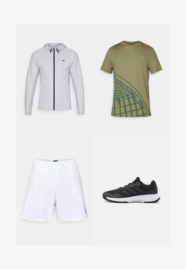 Šedá mikina s kapucí a zipem, vybavená černým zipem a šňůrkou. Texturované boční panely a zelené logo na hrudi dotvářejí design.; Olive zelené tričko vyrobené z hladkého materiálu, s nějakým zeleným geometrickým vzorem na jedné straně a malým logem Lacoste na hrudi.; Bílé šortky s elastickým pasem, hladkým povrchem a detailem loga na dolní levé straně. Jednoduchý, nezdobený design.; Černá sportovní obuv s texturovaným svrškem, třemi vodorovnými pruhy a bílou podrážkou s vzorovaným profilem. Lehký a aerodynamický design.