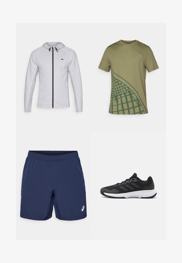 Gray hoodie with a zipper, featuring a black zip and drawstring. Textured side panels and a green logo on the chest complete the design.; Olive green T-shirt made of smooth fabric, featuring a green geometric pattern on one side and a small Lacoste logo on the chest.; Navy blue athletic shorts with an elastic waistband, smooth synthetic fabric, and a white logo accent on the lower left side.; Black athletic shoe featuring a textured upper, three horizontal stripes, and a white sole with a patterned tread. Lightweight and streamlined design.