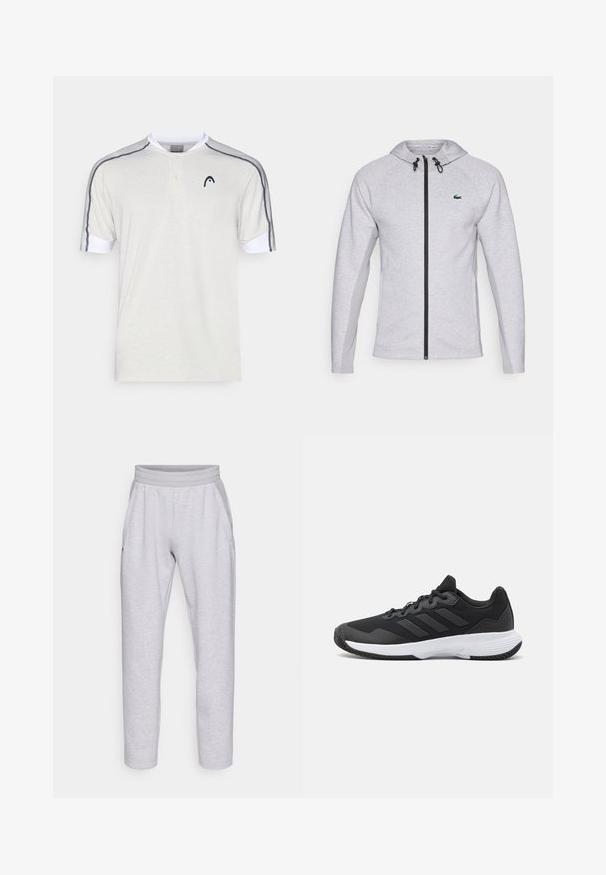 Sudadera gris con cremallera, que presenta una cremallera y cordón negros. Paneles laterales texturizados y un logo verde en el pecho completan el diseño.; Polo de manga corta en algodón gris claro, con un collar blanco, tapeta de dos botones y rayas en gris oscuro en los hombros.; Pantalones de chándal gris claro fabricados con una tela suave, que cuentan con una cinturilla elástica, dos bolsillos laterales y piernas ajustadas con un dobladillo en el tobillo.; Zapatilla deportiva negra con una parte superior texturizada, tres franjas horizontales y una suela blanca con un dibujo en su superficie. Diseño ligero y aerodinámico.