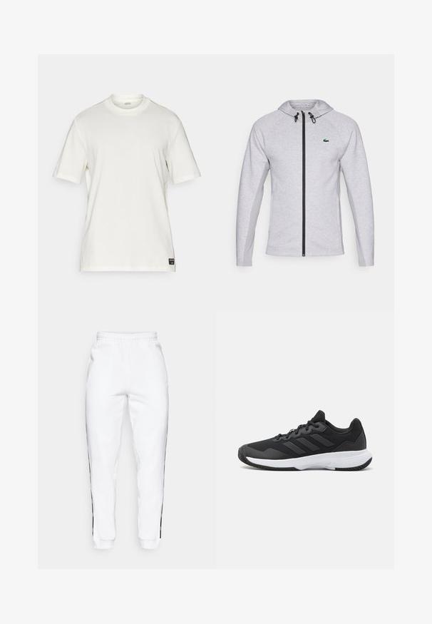 Hanorac gri cu fermoar, dotat cu fermoar negru și șnur. Panouri laterale texturate și un logo verde pe piept completează designul.; Tricou alb din bumbac, cu mânecă scurtă, decolteu rotund, design minimalist și un mic etichetă logo în partea stângă jos.; Pantaloni de trening albi cu talie elastică, având dungi laterale negre și manșete. Realizați dintr-un material moale cu o textură netedă.; Pantofii sport negri au un material superior texturat, trei dungi orizontale și o talpă albă cu un profil căptușit. Au un design ușor și aerodinamic.