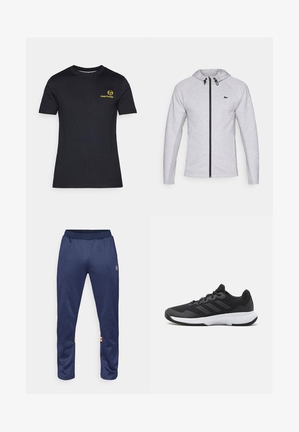 Hallide seljaga hall kapuuts, millel on must tõmbluku ja stringiga varustus. Tekstureeritud külgpaneelid ja roheline logo rinnal viimistlevad disaini.; Mustad mustate särg, lühikeste varrukatega, valmistatud puuvillast. Üks vasakpoolne rinnaosa on kaunistatud kollase logoga. Klassikaline ümar kaelus, sile tekstuur.; Tumedat sinised spordipüksid elastse vöökoha ja kahe oranži külgiriba ning logoga ülemises paremas jalas.; Must värvi sportlik king, millel on tekstuuriga pealispind, kolm horisontaalset triipu ja valge põhi mustriga tallaga. Kerge ja voolujooneline disain.