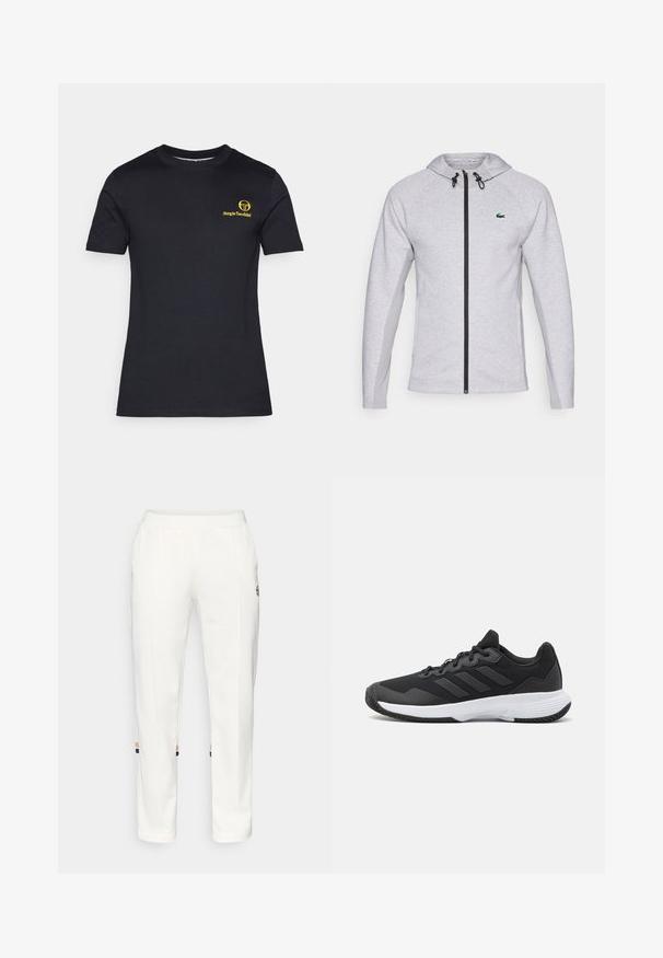 Szara bluza z kapturem na zamek, z czarnym zamkiem i sznurkiem do regulacji. Teksturowane boczne panele oraz zielone logo na piersi dopełniają design.; Czarny t-shirt krótkiego rękawa wykonany z bawełny. Posiada żółte logo nadrukowane na lewej piersi. Klasyczny okrągły dekolt, gładka faktura.; Białe spodnie dresowe wykonane z miękkiego materiału, z bocznymi kieszeniami i kolorowymi paskami przy kostkach w pomarańczowe i niebieskie akcenty.; Czarne buty sportowe z teksturowaną cholewką, trzema poziomymi paskami i białą podeszwą z wzorzystym bieżnikiem. Lekka i aerodynamiczna konstrukcja.