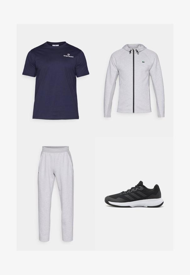 Pilkas džemperis su užtrauktuku, turintis juodą užtrauktuką ir raištelį. Tekstūruoti šoniniai skydeliai ir žalias logotipas krūtinėje užbaigia dizainą.; Sergio Tacchini BOLD - Paprasti marškinėliai - navy/white; Šviesiai pilkos sportinės kelnės, pagamintos iš minkštos medžiagos, turi elastingą liemenį, dvi šonines kišenes ir siaurėjančius kojų kraštus su apvadu.; Juodas sportinis batelis su tekstūruota viršutine dalimi, trimis horizontaliomis juostelėmis ir baltu padu su raštuotu protektoriumi. Lengvas ir aerodinamiškas dizainas.