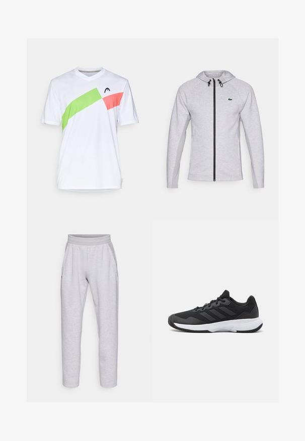 Huppari harmaata väriä, jossa on vetoketju, musta vetoketju ja nyöri. Rakennepuolella on teksturoitu paneeli ja rintataskussa vihreä logo viimeistelee muotoilun.; Valkoinen urheilupaita V-pääntiellä, jossa on viistot yksityiskohdat vihreänä ja vaaleanpunaisena. Valmistettu kevyestä, hengittävästä kankaasta.; Harmaat collegeshousut, jotka on valmistettu pehmeästä kankaasta. Niissä on joustava vyötärö, kaksi sivutaskua ja kapenevat lahkeet, joissa on resorit.; Musta urheilukenkä, jossa on teksturoidut päälliset, kolme vaakasuoraa raitaa ja valkoinen pohja, jossa on kuvioitu kulutuspinta. Kevyt ja virtaviivainen muotoilu.