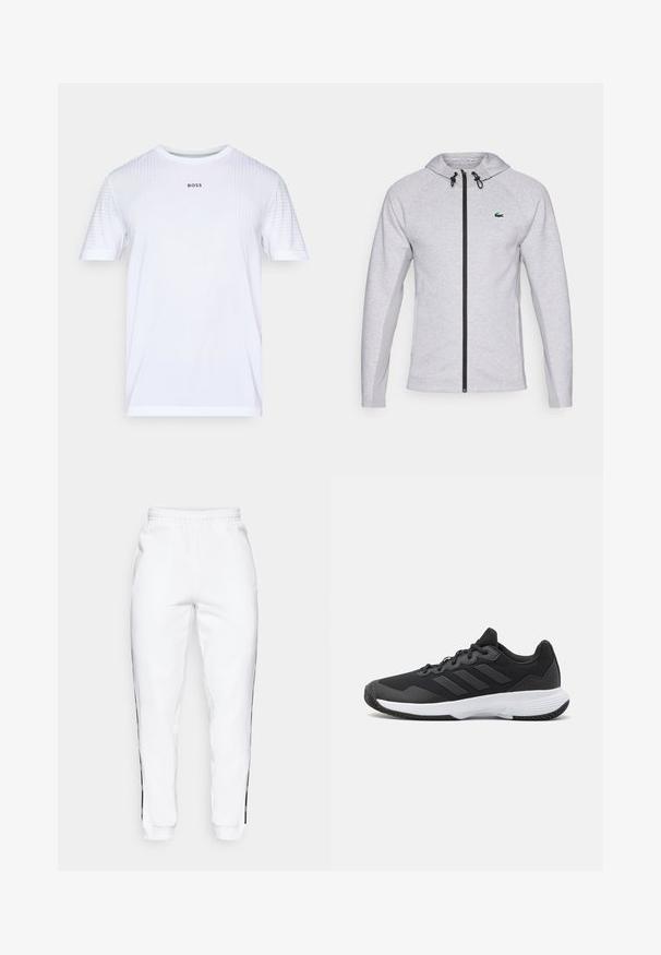 Grå hettegenser med glidelås, med svart glidelås og snor. Teksturområder på sidene og en grønn logo på brystet fullfører designet.; Hvit shortsleeve sporty t-skjorte med subtile vertikale teksturerte striper og "BOSS" trykt på sentrum av brystet.; Hvite joggebukser med elastisk midje, med svarte sidestriper og mansjetter. Laget av myk stoff med en glatt tekstur.; Svart idrettssko med teksturert overdel, tre horisontale striper, og en hvit såle med mønstret gummibunn. Lettvekts og strømlinjeformet design.