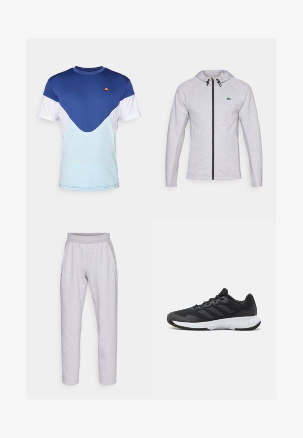 Szürke kapucnis pulóver cipzárral, fekete cipzárral és húzózsinórral. A texturált oldalsó panelek és a zöld logó a mellkason teszik teljessé a dizájnt.; Férfi póló, kék felső résszel, fehér ujjakra és világoskék alsó panellel. Puha anyag, a mellkason kis logóval.; Világosszürke melegítőnadrág, puha anyagból készült, rugalmas derékkal, két oldalsó zsebbel és szűkített lábakkal, amelyeken rajta vannak a passzé szegélyek.; Fekete sportcipő, amely texturált felsőrésszel, három vízszintes csíkkal és mintázott talppal ellátott fehér talppal rendelkezik. Könnyű és áramvonalas dizájn.