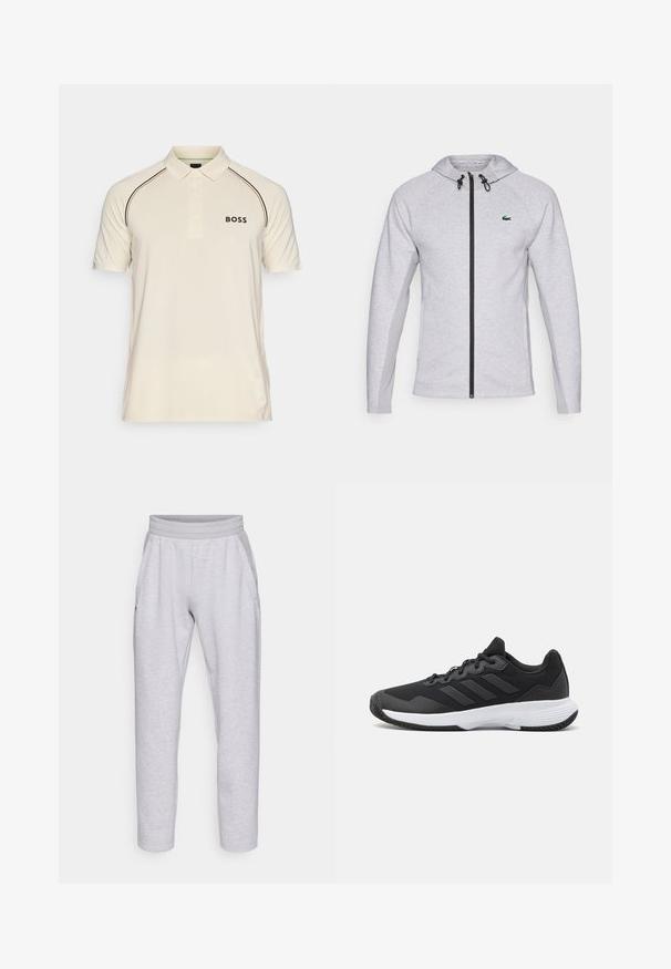 Szürke kapucnis pulóver cipzárral, fekete cipzárral és húzózsinórral. A texturált oldalsó panelek és a zöld logó a mellkason teszik teljessé a dizájnt.; Krémszínű polo ing, galléros nyakkal, két gombbal és rövid ujjakkal. Fekete és narancssárga díszcsíkokkal rendelkezik, valamint egy "BOSS" logóval.; Világosszürke melegítőnadrág, puha anyagból készült, rugalmas derékkal, két oldalsó zsebbel és szűkített lábakkal, amelyeken rajta vannak a passzé szegélyek.; Fekete sportcipő, amely texturált felsőrésszel, három vízszintes csíkkal és mintázott talppal ellátott fehér talppal rendelkezik. Könnyű és áramvonalas dizájn.