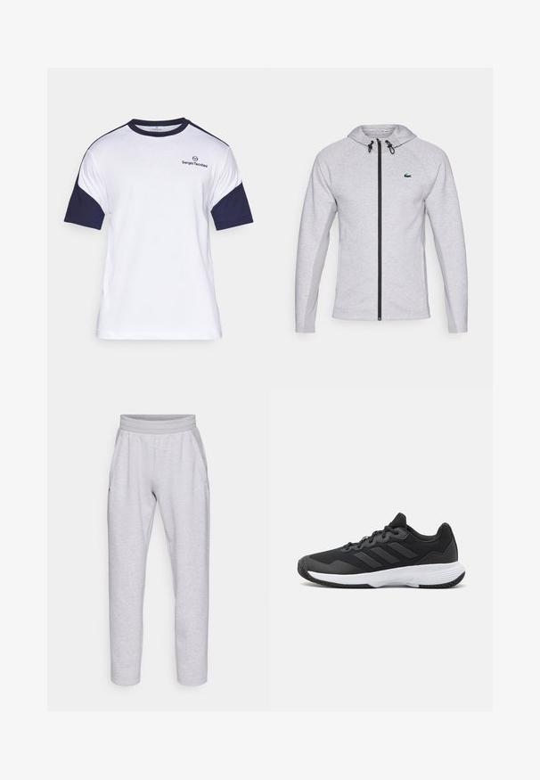 Grijze hoodie met een rits, voorzien van een zwarte rits en trekkoord. Getextureerde zijpanelen en een groen logo op de borst maken het ontwerp compleet.; Witte katoenen t-shirt met marineblauwe korte mouwen, met een ronde hals en een klein logo op de borst. Zachte textuur, casual ontwerp.; Lichtgrijze sweatpants gemaakt van zachte stof, met een elastische tailleband, twee zijzakken en taps toelopende benen met een manchetzoom.; Zwarte sportieve schoen met een gestructureerde bovenkant, drie horizontale strepen en een witte zool met een gepatternde loopvlak. Lichtgewicht en gestroomlijnd ontwerp.