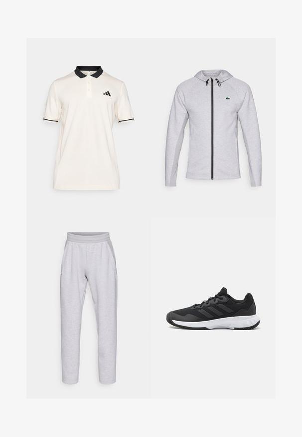 Šedá mikina s kapucí a zipem, vybavená černým zipem a šňůrkou. Texturované boční panely a zelené logo na hrudi dotvářejí design.; Krémová polo košile s černým límečkem a pruhy. Tříknoflíková léga. Na levé straně hrudi se nachází černé logo Adidas. Měkká textilie.; Světlé šedé tepláky vyrobené z měkkého materiálu, s elastickým pasem, dvěma bočními kapsami a zúženými nohavicemi s manžetami.; Černá sportovní obuv s texturovaným svrškem, třemi vodorovnými pruhy a bílou podrážkou s vzorovaným profilem. Lehký a aerodynamický design.