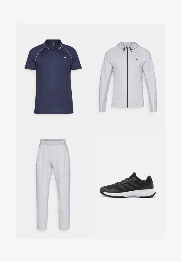 Grå huvtröja med dragkedja, med svart dragkedja och snodd. Texturerade sidopaneler och en grön logotyp på bröstet fulländar designen.; Marinblå pikétröja med vit piping längs kragen och axlarna. Har en tvåknäppt placket och en liten logotyp på bröstet. Blandning av bomull.; Ljusgrå mjukisbyxor i mjukt tyg, med resårmidja, två sidofickor och smala ben med manschett.; Svart idrottssko med en texturerad ovandel, tre horisontella ränder och en vit sula med ett mönstrat grepp. Lätt och strömlinjeformad design.